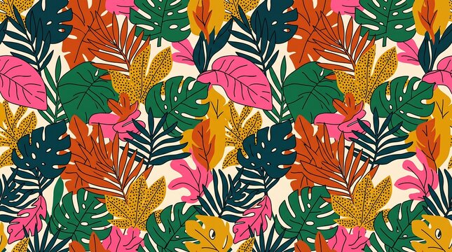 Vibrant tropical leaves seamless pattern with colorful foliage and botanical elements on a cream background