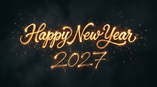 Happy New Year 2027 text written with glowing gold sparkler light trails on dark background