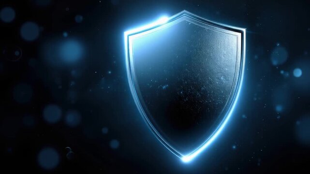 A glowing blue shield emblem with a sleek, modern design is superimposed against a dark, bokeh-filled background. ..Created with Generative AI, not depicting real subjects.