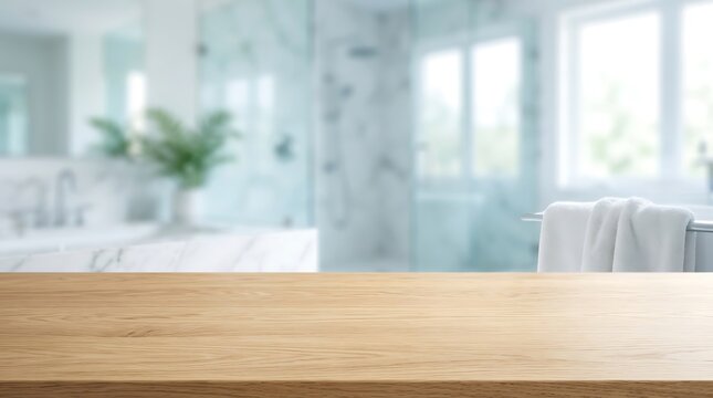 Wooden Table Surface in Blurred Modern Luxury Bathroom Interior for Product Display Mockup Background Presentation View