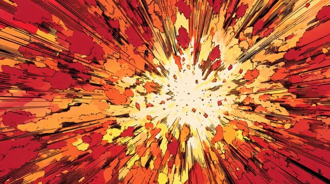 A vibrant comic book style explosion graphic featuring bright red and yellow jagged shapes with radiating speed lines with bursting outward central
