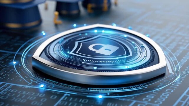 Digital shield with padlock icon glowing with blue digital light, symbolizing cybersecurity and data protection. ..Created with Generative AI, not depicting real subjects.