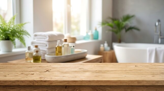 Empty wooden table top in bright bathroom spa interior background for product mockup display and wellness advertising.