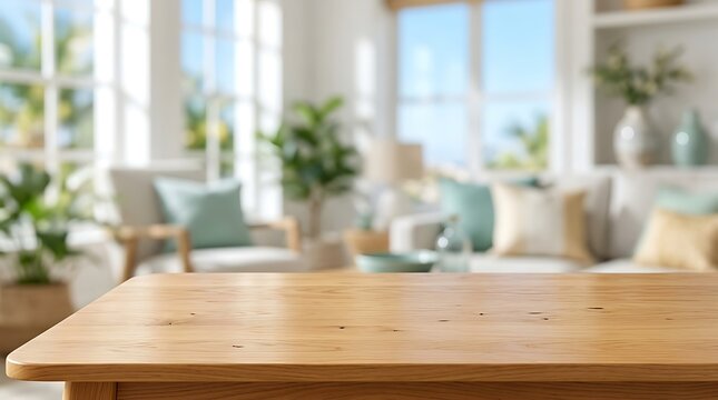 Empty wooden table top mockup over blurred modern living room interior background for product display presentation.