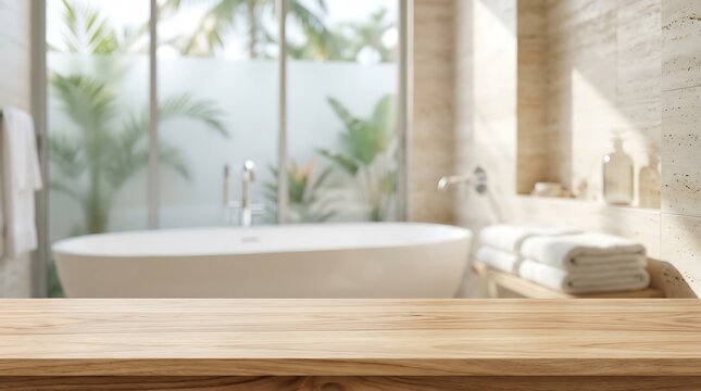 Empty Wooden Table Surface with Blurred Modern Luxury Spa Bathroom Interior Background for Product Display Presentation