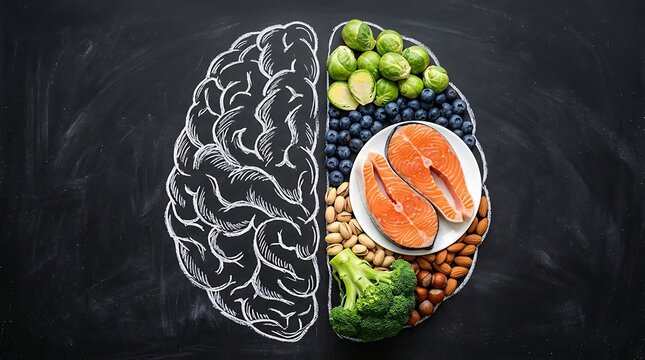 Healthy food for brain function concept with chalk drawing and fresh ingredients