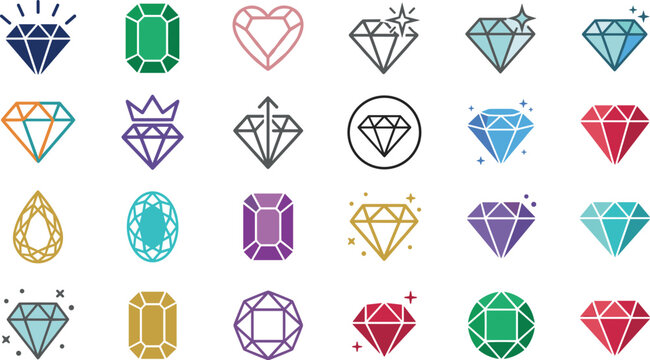 Luxury diamond and crystal gem line icon set featuring colorful precious stones jewels crown heart shapes and creative jewelry design elements vector,