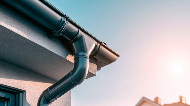 Modern rain gutter and downspout system on house roof edge  