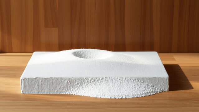 White porous block rests upon wood surface. Central depression visible, creating interesting texture. Minimalist studio shot.