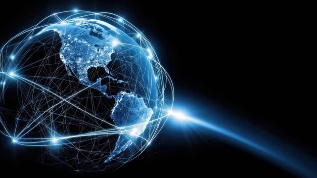 Digital globe with glowing connections and light streaks, symbolizing global network and technological advancement. ..Created with Generative AI, not depicting real subjects.