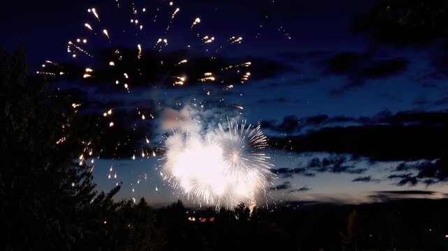 A spectacular fireworks display illuminates the twilight sky, bursting with brilliant colors and patterns. ..Created with Generative AI, not depicting real subjects.
