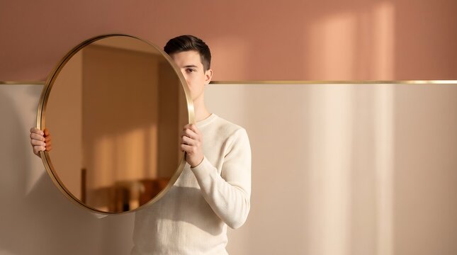 Young man holding a large round mirror in a modern interior