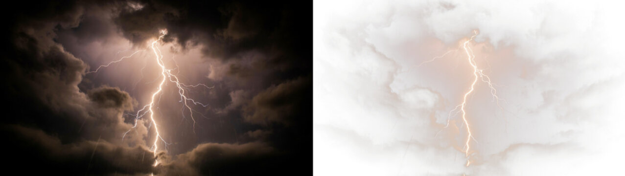 Lightning bolt striking through dark stormy clouds with bright flash, dramatic weather scene isolated on transparent background