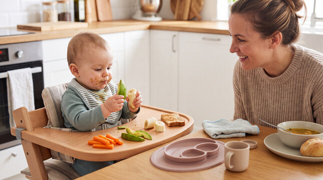 Baby-led weaning. A mother smiles at her baby eating vegetables in a highchair in a modern kitchen. The scene emphasizes healthy eating and family bonding. Image made using Generative AI.