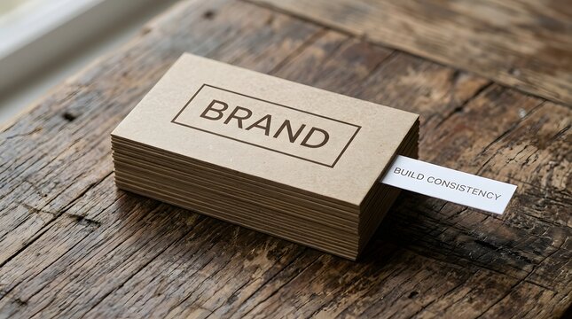 Mockup stack of cards with the word brand and a tab that says build consistency