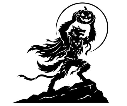 Werewolf Holding Up Carved Pumpkin Under Full Moon Vector Silhouette, Halloween Lycan Monster Raising Jack-O-Lantern On Cliff, Epic Black Beast  Graphic Isolated On Transparent Background