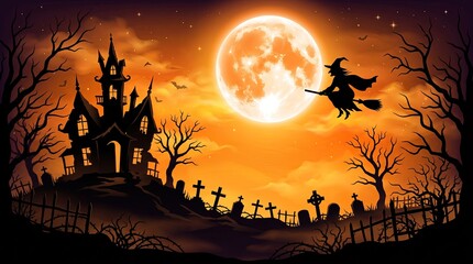 Fototapeta premium Halloween vector background with spooky haunted house, full moon, witch flying on a broomstick, and graveyard silhouettes