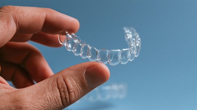 Close up mans hand holding invisible aligners for whitening and straightening of teeth on the blue background. Orthodontic therapy after brackets. Teeth healthcare