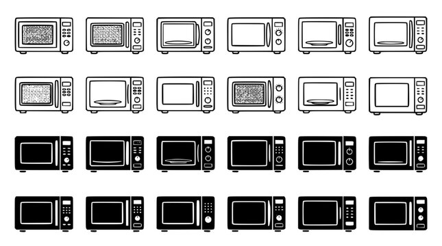 Microwave Oven Icon Set with Outline and Silhouette Vector Illustrations