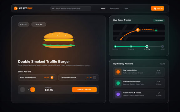 Digital food ordering app interface with burger menu item and live tracker on dark background