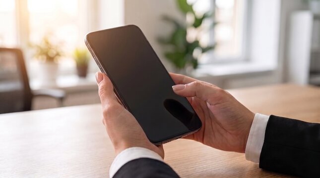 mobile app user interface and enterprise mockup template. business professional holding smartphone with blank dark screen at office desk.