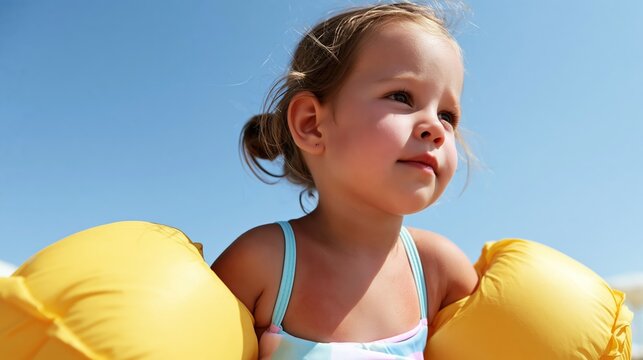 Young child wearing armbands at beach with sunburn on shoulders looking away under blue sky