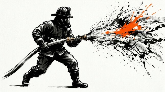 Sumi-e style illustration of a firefighter with a hose