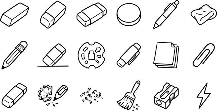 School and office stationery vector icon set featuring hand drawn outline eraser pencil sharpener paper elements