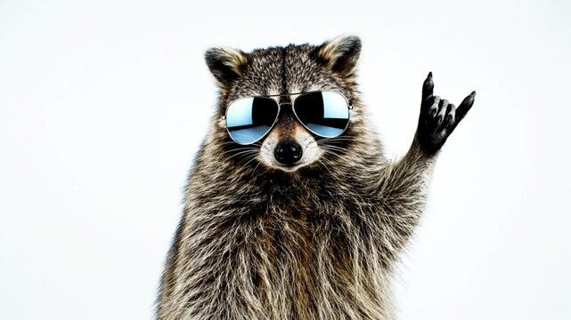 Rock and roll raccoon with shades makes a rock on hand gesture on white background with audio
