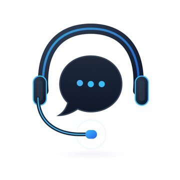 A stylized flat vector icon depicts a headset with an integrated speech bubble and dots.