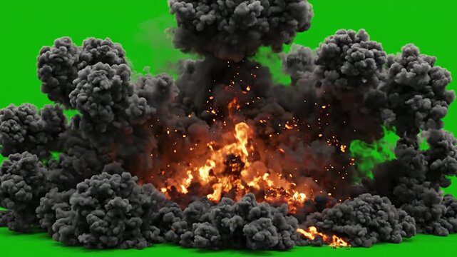 Large fire explosion with thick smoke on green screen, vfx for action sequences and cinematic compositing
