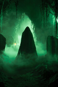 Green Halloween ghost emerges through dense cemetery fog surrounded by ancient tombstones and eerie supernatural darkness