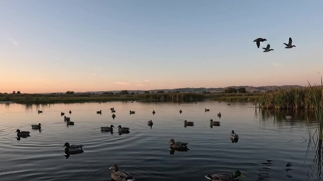 Wild mallard ducks swimming on calm lake at sunset, flock of waterfowl flying over wetland pond during golden hour, peaceful nature landscape with birds on water surface in evening light