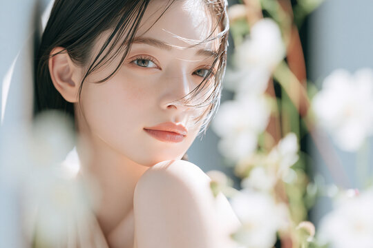 透明感のある女性の爽やかなビューティーポートレート。