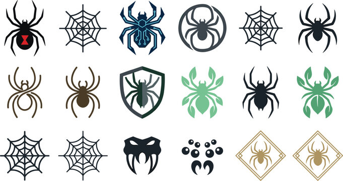 Spider and cobweb vector logo template collection featuring black widow tarantula arachnid mascots and cyber tech insect icon emblems.