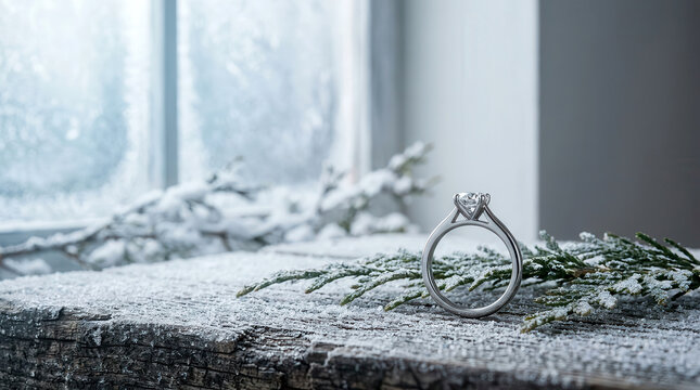Solitaire diamond engagement ring standing on a rustic wooden surface with snow and evergreen branches
