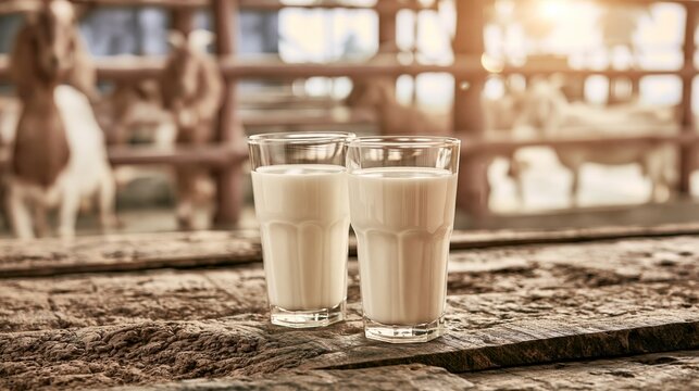 Fresh goat milk glasses on rustic wooden table with blurry goats in farm background, depicting natural dairy product
