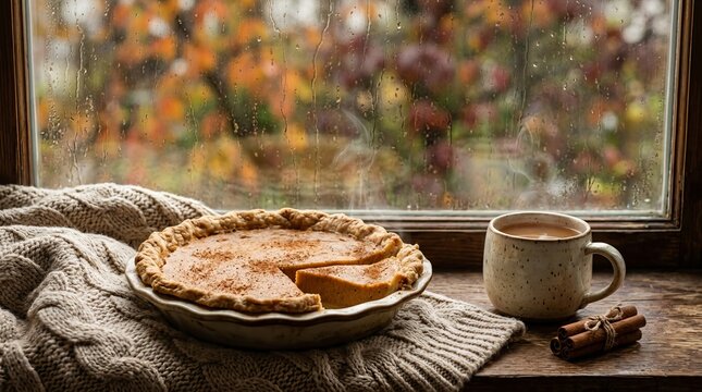 Sliced pumpkin pie on rustic knitted blanket next to steaming mug of coffee and cinnamon sticks on wooden windowsill with rainy window showing colorful autumn trees in background.