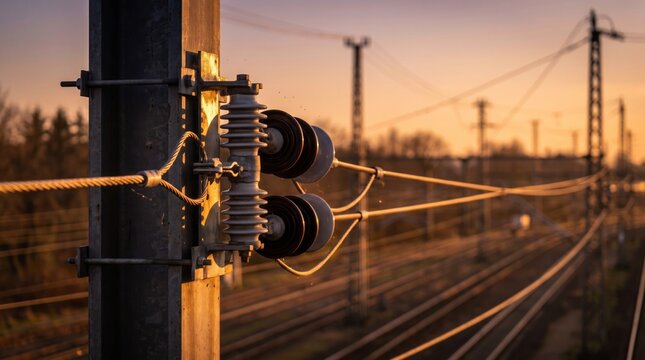 Industrial steel utility pole featuring ceramic electrical insulators held by heavy bolts under a warm and glowing sunset light sky