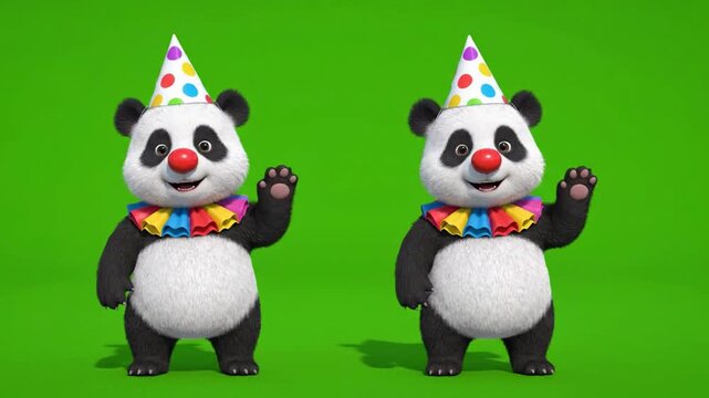 3D animated panda clown character waving and dancing on green screen for kids party celebration 3D animation