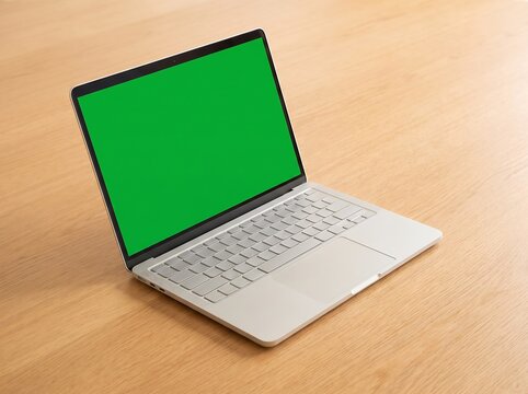 Laptop mockup with green chroma key screen on light oak wooden desk at slight angle