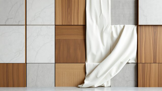 Abstract wall composition. Squares, rectangles, textures combine. Fabric drapes over wooden panels, creating visual interest. Minimalist design.