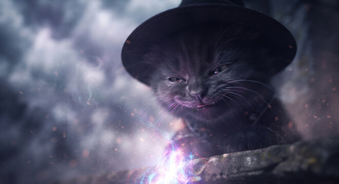 Close-up of a mischievous black cat wizard grinning with colorful glowing magic sparks