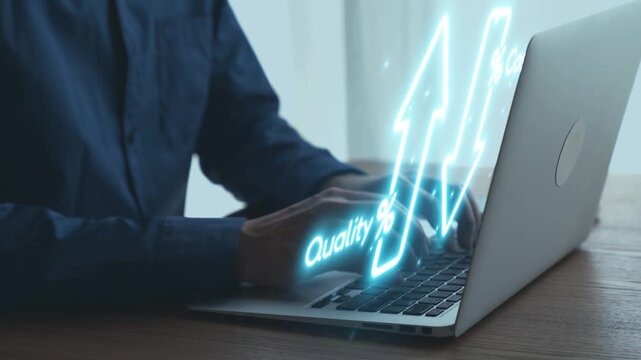 Hands typing on laptop with digital graphs, arrows, and insights representing quality improvement and data analysis in a modern workspace setting. Qubit.