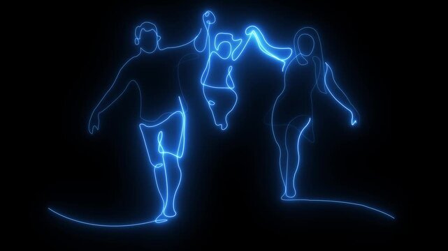 Glowing blue neon line art animation of a couple dancing together against a black background