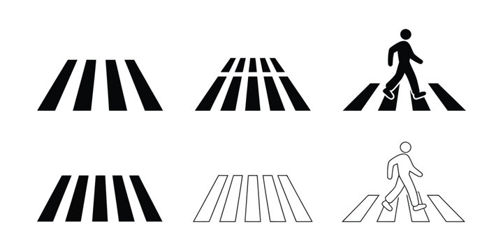 Pedestrian crosswalk icon set, zebra crossing vectors in flat outline style for traffic safety navigation and urban transportation