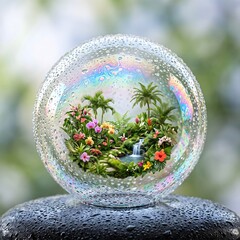 Obraz premium Lush tropical paradise garden with palm trees and waterfall inside a clear water bubble sphere