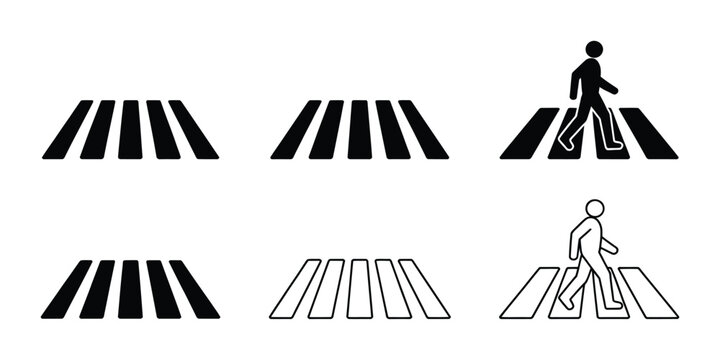 Pedestrian crosswalk icon set, zebra crossing vectors in flat outline style for traffic safety navigation and urban transportation
