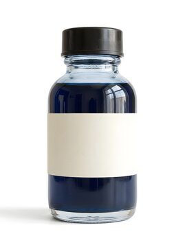 Small glass bottle with blue liquid and blank label on white