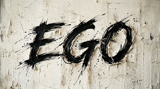 The word ego painted in black brushstrokes on a textured white wall background